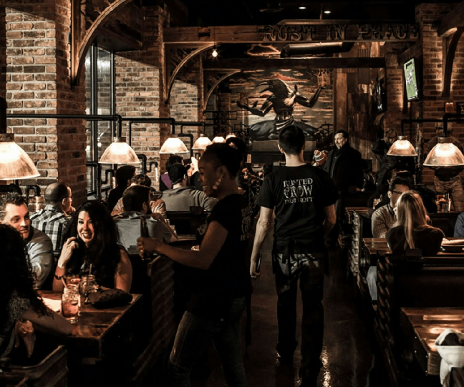 a group of people in a restaurant